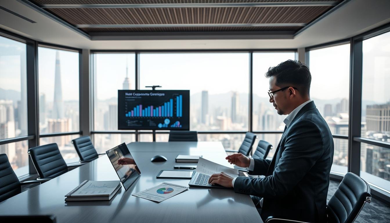 A serene office scene highlighting customized accounting services for small and medium-sized enterprises in Hong Kong. In the foreground, a professional accountant, dressed in business attire, is intently analyzing financial reports on a laptop, surrounded by documents and a notebook. The middle ground features a modern conference table with charts and graphs displayed on a screen, illustrating financial data and corporate governance strategies. In the background, panoramic windows reveal a view of Hong Kong's skyline, showcasing its unique architecture under soft, natural daylight. The atmosphere is focused and collaborative, conveying a sense of professionalism and trustworthiness in financial consulting. The image captures the essence of tailored accounting support in a corporate setting, devoid of any text or distractions.