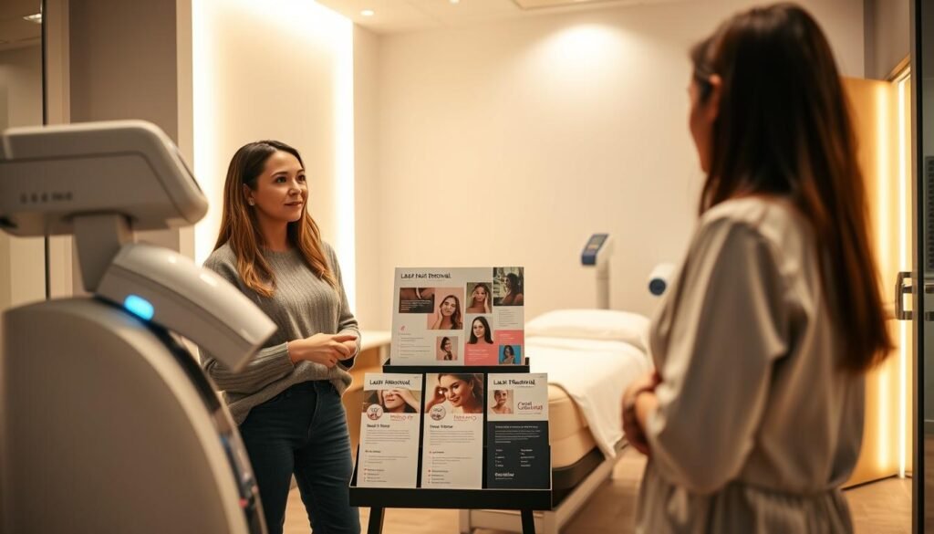 A sleek, modern beauty clinic interior showcasing a laser hair removal consultation area. In the foreground, a professional technician is demonstrating the laser equipment to a client dressed in modest casual attire, both engaged in discussion. The middle layer features a neatly arranged display of laser hair removal service brochures, highlighting different treatment options and pricing structures. The background shows a softly lit treatment room with a comfortable treatment bed and advanced laser technology. The lighting is warm and inviting, creating a soothing atmosphere conducive to beauty treatments. The image perspective is captured at a slightly elevated angle, providing depth and focus on the interaction between the technician and the client, symbolizing professionalism and trust in beauty services.