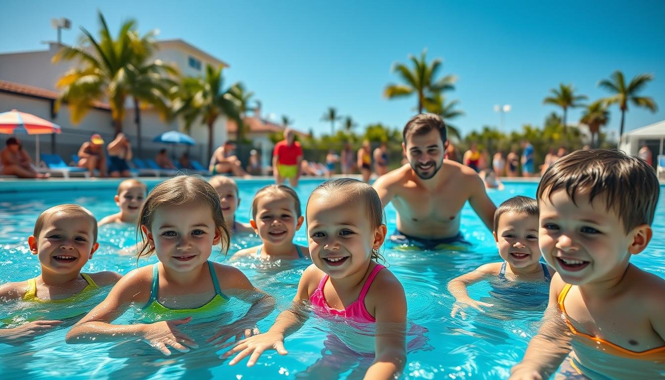 A vibrant and engaging scene showcasing a children's swimming class in a lively community pool environment. In the foreground, several young children are joyfully engaging in swimming lessons, wearing colorful, modest swim gear and smiles on their faces. An enthusiastic instructor demonstrates techniques, embodying encouragement and support. In the middle ground, supportive parents gather, watching their children, embodying the community spirit with warm expressions. The background features a sunny day with clear blue skies, palm trees, and other families enjoying the pool area. The lighting is bright and cheerful, casting a warm glow across the scene, creating an uplifting atmosphere that emphasizes the importance of swimming in today's society. Use a wide-angle perspective to capture the delightful interactions among children, parents, and instructors, reinforcing community bonds and the joy of learning to swim.
