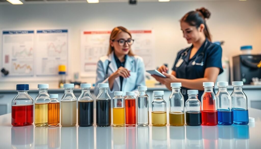 A detailed guide on selecting quality lubricants, depicted in a professional setting. In the foreground, a modern, sleek table displays a variety of lubricant samples in clear containers, showcasing their textures and colors, well-organized. In the middle, a pair of professional individuals, one a nutritionist and the other a nurse, examining the samples attentively, wearing smart business attire. The background features a softly lit laboratory environment with charts, diagrams, and safety equipment, conveying a sense of professionalism and expertise. The warm lighting enhances the inviting atmosphere, focusing on the cooperation and professionalism of the individuals. The imagery should evoke trust and clarity in the selection process, without any text or distractions.