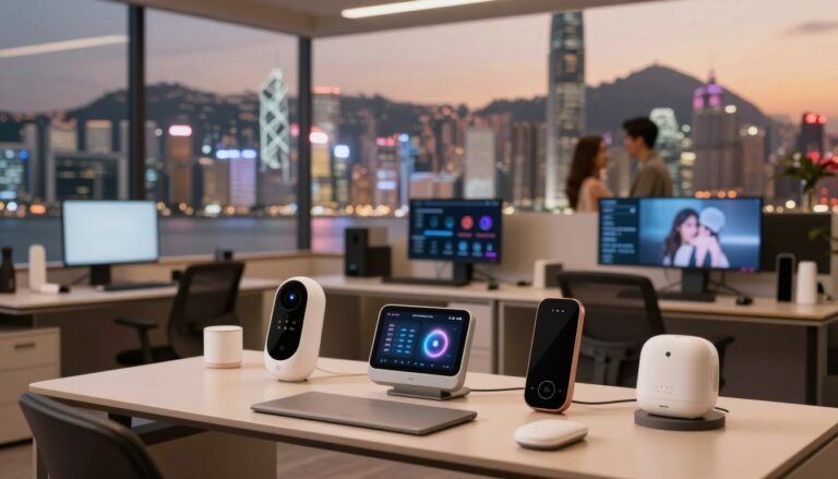 A modern, sleek workspace highlighting innovative adult product technologies in Hong Kong. In the foreground, a stylish desk is adorned with various high-tech adult devices, crafted with unique materials and designs that reflect cutting-edge innovation. The middle ground features a minimalist layout, showcasing interactive digital screens displaying trends and data about adult product advancements. In the background, a city skyline of Hong Kong illuminated by warm, inviting lighting creates a contemporary and sophisticated atmosphere. The scene conveys a sense of creativity and professionalism, evoking a cozy and intimate vibe. Use a soft focus lens to capture romantic moments for couples subtly represented through abstract forms. The composition should be framed in a 4:3 aspect ratio for a balanced view.