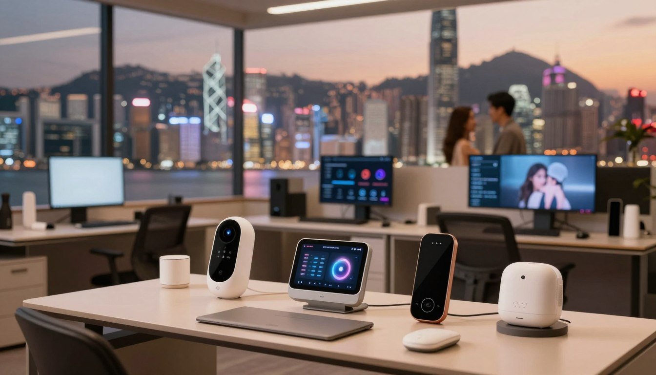 A modern, sleek workspace highlighting innovative adult product technologies in Hong Kong. In the foreground, a stylish desk is adorned with various high-tech adult devices, crafted with unique materials and designs that reflect cutting-edge innovation. The middle ground features a minimalist layout, showcasing interactive digital screens displaying trends and data about adult product advancements. In the background, a city skyline of Hong Kong illuminated by warm, inviting lighting creates a contemporary and sophisticated atmosphere. The scene conveys a sense of creativity and professionalism, evoking a cozy and intimate vibe. Use a soft focus lens to capture romantic moments for couples subtly represented through abstract forms. The composition should be framed in a 4:3 aspect ratio for a balanced view.