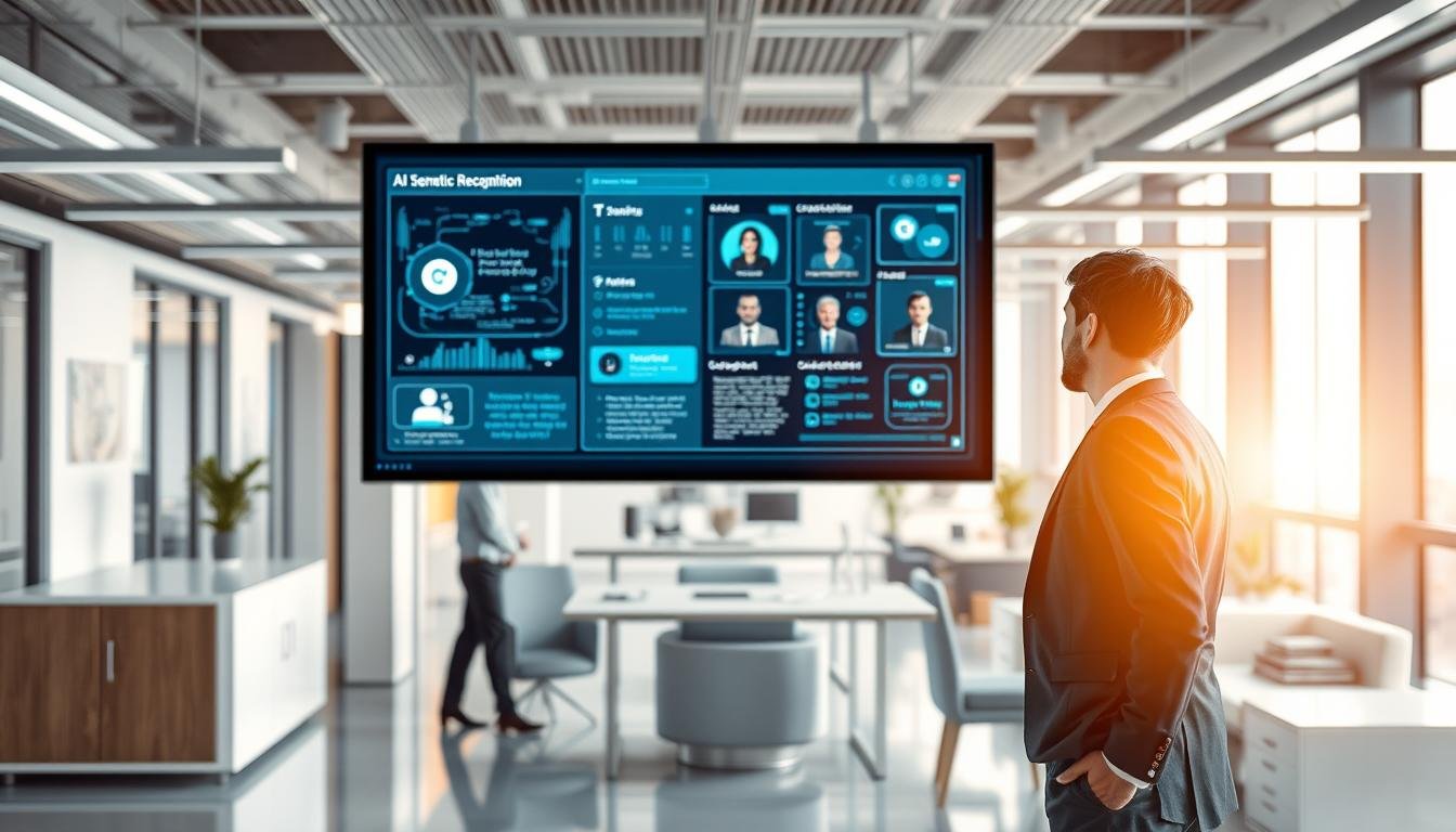A modern office environment showcasing a dynamic interaction between AI technology and customer service. In the foreground, a professional-looking agent in business attire is engaged with an advanced AI interface displayed on a large screen, the interface visually illustrating AI semantic recognition features. The middle layer features digital elements like flowing data streams and graphical representations of real-time customer interactions. In the background, a bright, open office space with futuristic design elements, such as sleek furniture and soft lighting, creates a productive and innovative atmosphere. The overall mood is one of efficiency and advanced technology, with a focus on the enhancement of online customer service experiences by 3A entertainment through AI.