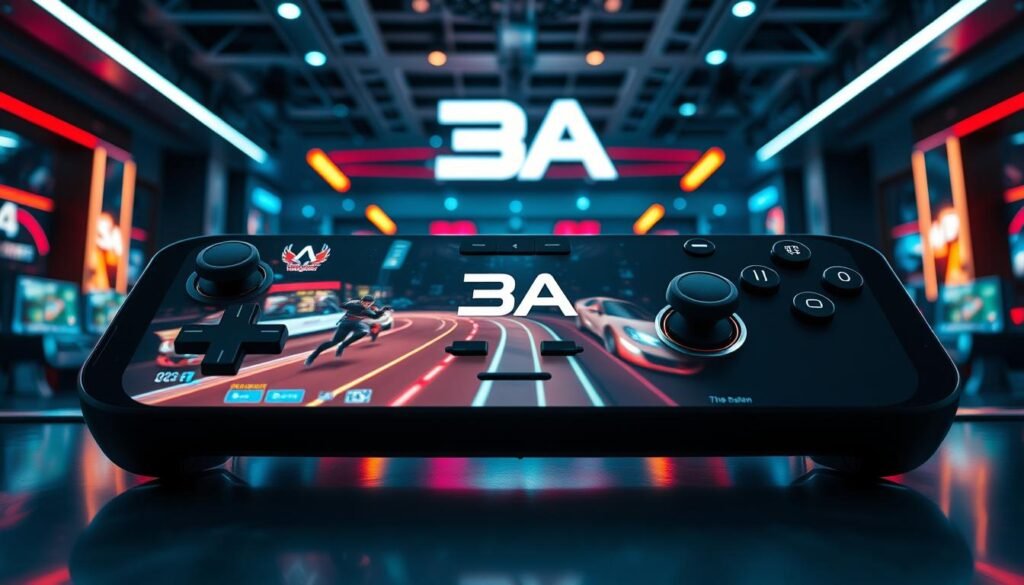 A sleek and modern interface of a gaming platform, prominently featuring the brand name "3A". In the foreground, showcase a high-resolution screen displaying vibrant game graphics, with dynamic animations that hint at seamless gameplay. In the middle, incorporate a stylish control panel equipped with intuitive buttons and sliders, designed for an immersive gaming experience. The background should be a contemporary gaming environment, with atmospheric lighting that sets a futuristic mood, perhaps with abstract neon elements and reflections on a glossy surface. Use a wide-angle perspective to capture the expansive feel of the gaming space, evoking excitement and engagement while emphasizing the platform's smooth performance. The overall atmosphere should be energetic and inviting, perfect for attracting gamers to the 3A platform.