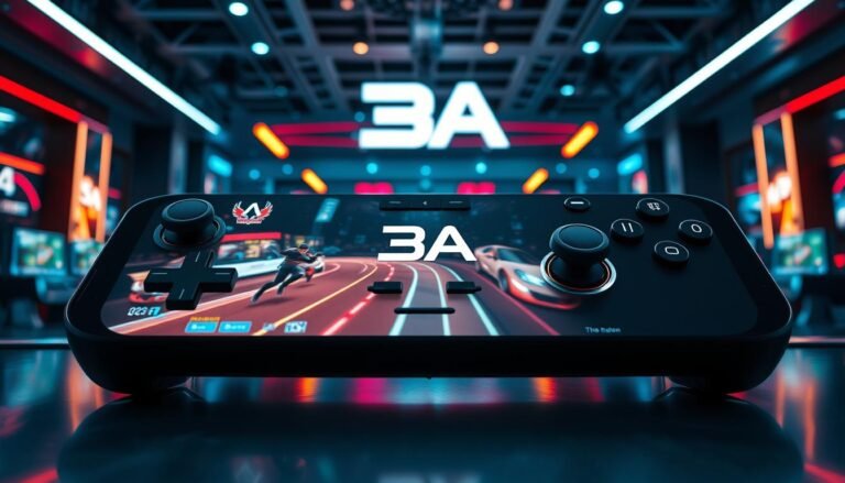 A sleek and modern interface of a gaming platform, prominently featuring the brand name "3A". In the foreground, showcase a high-resolution screen displaying vibrant game graphics, with dynamic animations that hint at seamless gameplay. In the middle, incorporate a stylish control panel equipped with intuitive buttons and sliders, designed for an immersive gaming experience. The background should be a contemporary gaming environment, with atmospheric lighting that sets a futuristic mood, perhaps with abstract neon elements and reflections on a glossy surface. Use a wide-angle perspective to capture the expansive feel of the gaming space, evoking excitement and engagement while emphasizing the platform's smooth performance. The overall atmosphere should be energetic and inviting, perfect for attracting gamers to the 3A platform.