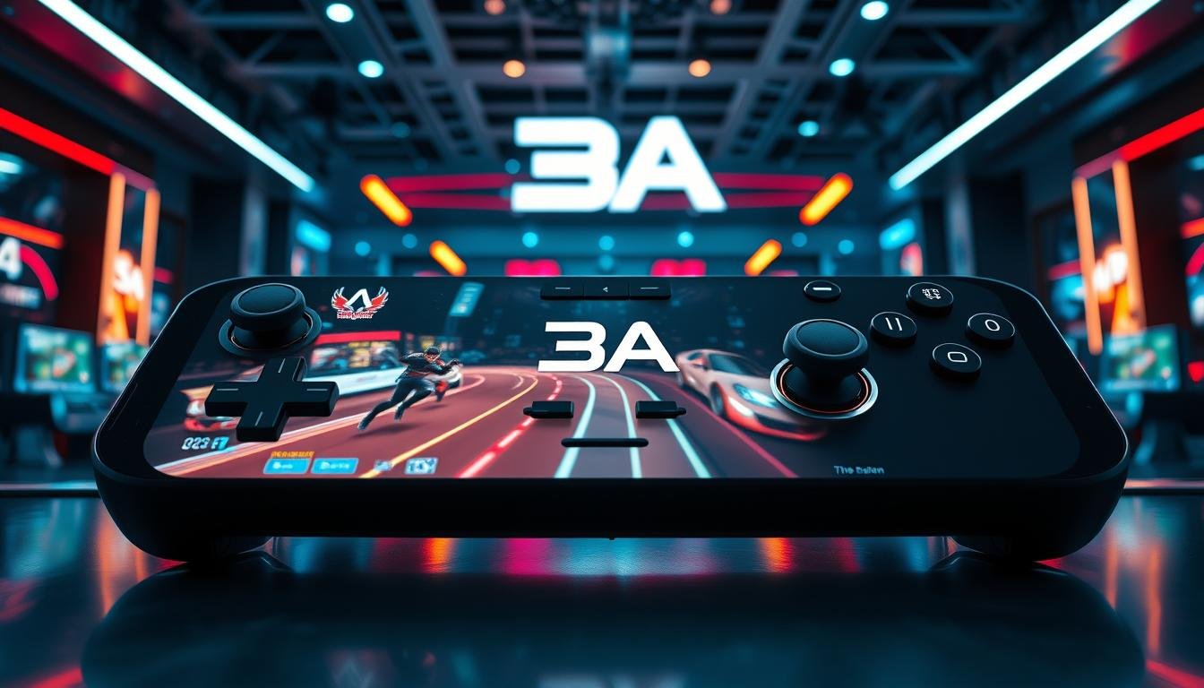 A sleek and modern interface of a gaming platform, prominently featuring the brand name "3A". In the foreground, showcase a high-resolution screen displaying vibrant game graphics, with dynamic animations that hint at seamless gameplay. In the middle, incorporate a stylish control panel equipped with intuitive buttons and sliders, designed for an immersive gaming experience. The background should be a contemporary gaming environment, with atmospheric lighting that sets a futuristic mood, perhaps with abstract neon elements and reflections on a glossy surface. Use a wide-angle perspective to capture the expansive feel of the gaming space, evoking excitement and engagement while emphasizing the platform's smooth performance. The overall atmosphere should be energetic and inviting, perfect for attracting gamers to the 3A platform.