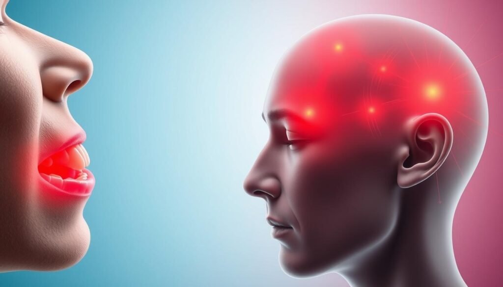 Illustrate the difference between wisdom tooth pain and neuralgia. In the foreground, depict a close-up of a human jaw with a highlighted area around the wisdom tooth, showing inflammation and discomfort through a slight redness. Beside it, include a side profile of the head, where the neuralgia is depicted as radiating pain signals around the temples and cheeks, emphasizing the different pain locations. In the middle ground, place a subtle gradient background shifting from cool blues on the wisdom tooth side to warm reds on the neuralgia side, suggesting contrasting sensations. Use soft, diffused lighting to create an informative and slightly tense atmosphere, while ensuring a clinical and educational mood. The composition should be clear and professional, without any text or distractions.