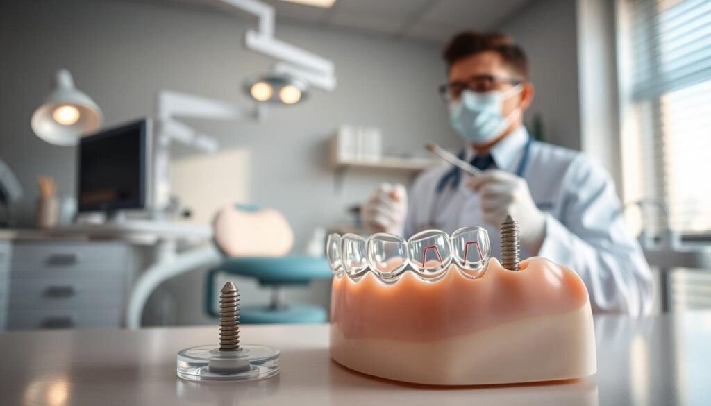 A clinical dental scene showing a clear aligner (Invisalign) and mini-implants (bone screws) used for orthodontic treatment. In the foreground, focus on a detailed close-up of the Invisalign aligner fitted on a realistic dental model, showcasing its precision and fit. The middle ground features a dentist in professional attire, thoughtfully examining the dental model with instruments in hand, highlighting the dental workflow. In the background, a modern dental office setting is visible with equipment, tools, and a patient chair, illuminated by soft, natural light for a serene atmosphere. The angle is slightly tilted for a dynamic perspective, providing depth and focus on the alignment process, emphasizing the importance of mini-implants in the overall treatment.