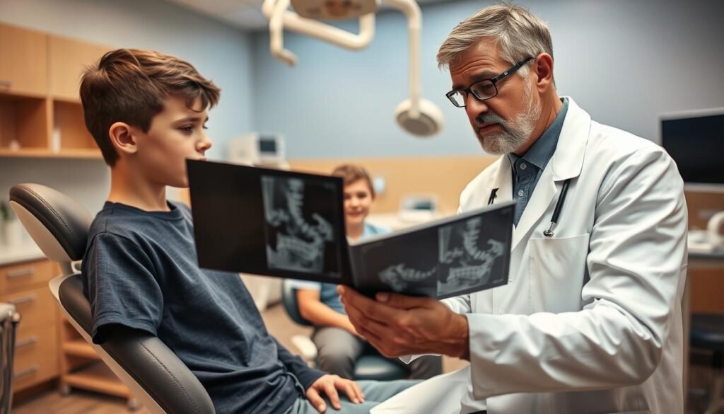 A dental clinic setting showing a dentist in professional attire evaluating a young athlete's dental condition after a tooth injury. In the foreground, the dentist is closely examining an X-ray while holding a dental tool, looking concerned yet focused. The middle ground features a dental chair with a young athlete sitting nervously, wearing casual sports clothing. The background includes dental equipment and a well-organized waiting area, with warm lighting to create a reassuring atmosphere. The composition should emphasize the dentist's expertise and the urgency of the situation, with soft shadows and a slight depth of field to draw attention to the interaction between the dentist and the athlete.