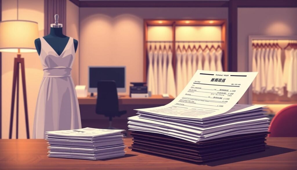 A detailed and professional illustration of a tax registration reminder for a Taipei formal wear shop. In the foreground, prominently display a neatly arranged stack of formal receipts and tax documents, with a stylish dress form draped in an elegant gown nearby. In the middle ground, depict a well-organized workspace, featuring a sleek wooden desk with a computer and a stylish lamp casting warm light. In the background, include a tastefully decorated boutique interior showcasing elegant dresses on hangers and a mirror reflecting soft, inviting light. The atmosphere should convey a sense of professionalism and organization, with a focus on compliance and attention to detail. The lighting should be warm, enhancing the elegance of the setting.