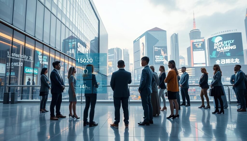 A futuristic digital landscape representing the commitment of "3A Entertainment City" to integrity and transparency in online gaming. In the foreground, a diverse group of professional individuals in business attire collaborates around an interactive holographic display showcasing data on safety and ethical gaming practices. In the middle ground, a sleek, modern building with large glass windows reflects a vibrant cityscape, symbolizing a safe digital ecosystem. The background features a high-tech skyline with bright lights and digital billboards promoting responsible gaming. The scene is illuminated by soft, ambient lighting, creating a hopeful and inviting atmosphere. The angle captures the depth of the environment, enhancing the sense of innovation and commitment to long-term development.