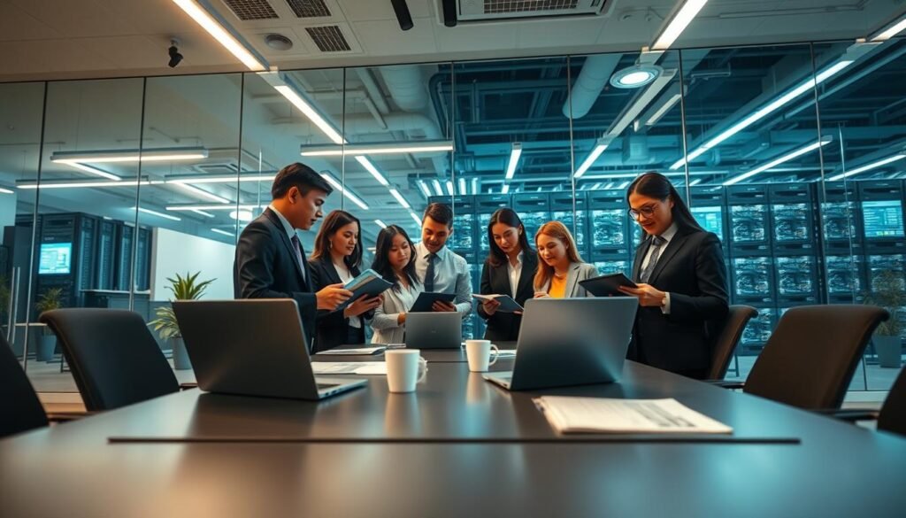 A modern office environment depicting the internal personnel qualification audit process at UG Entertainment City. In the foreground, a diverse group of professional employees, dressed in business attire, are engaged in a focused discussion over digital tablets and documents. In the middle, a sleek conference table is set up with high-tech laptops, documents, and coffee cups. The background features a large glass wall revealing a view of the bustling data center, with rows of servers and screens displaying data analytics. Soft, ambient lighting enhances the professional atmosphere, while a slight angle from a low viewpoint captures the employees in action, emphasizing collaboration and diligence in maintaining the highest security standards in member management.