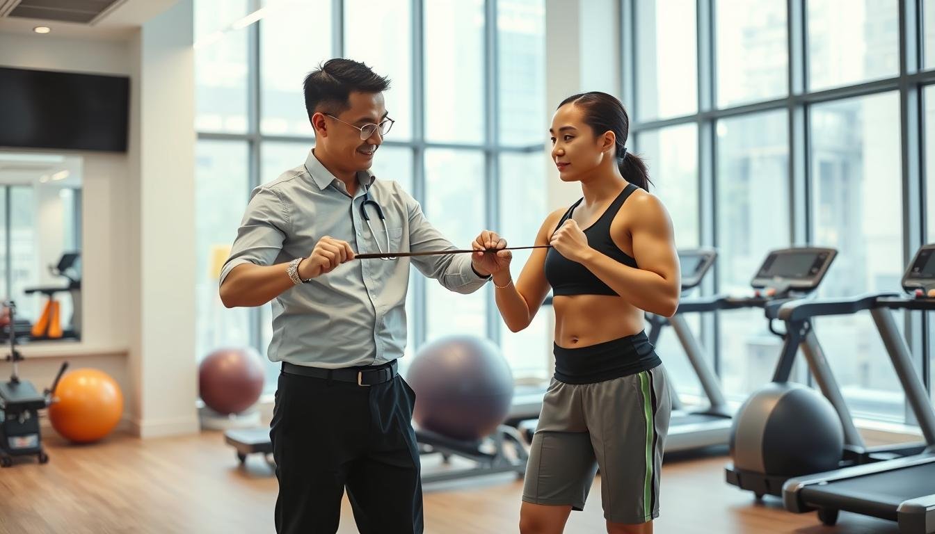 A professional physiotherapy session focused on anterior cruciate ligament rehabilitation in a modern clinic setting in Hong Kong. In the foreground, a dedicated physiotherapist in smart casual attire is assisting an athlete, demonstrating a specific rehabilitation exercise with a resistance band. The athlete, also in modest athletic wear, exhibits focused determination. In the middle, various physiotherapy equipment, like stability balls and treadmills, complement the scene, showcasing a high-tech environment. The background features large windows allowing natural light to flood in, creating an inviting and optimistic atmosphere. The angle is slightly elevated, capturing the action while providing context to the space. The overall mood conveys professionalism and motivation, emphasizing the importance of a structured approach to ACL rehabilitation for athletes.