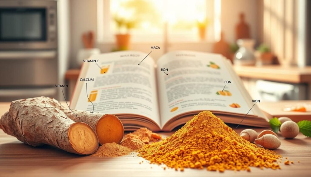 A vibrant and informative illustration focused on the nutritional benefits of maca root, showcasing its key components such as vitamins, minerals, and amino acids. In the foreground, a detailed arrangement of fresh maca root and powdered maca, artistically arranged alongside visual representations of nutrients like vitamin C, calcium, and iron. The middle ground features an open book with highlighted sections about maca’s benefits, creating an educational atmosphere. The background is a soft-focus kitchen setting, bathed in warm, natural light streaming through a window, suggesting a healthy lifestyle. The mood is uplifting and inspiring, capturing the essence of wellness and natural nutrition, with a subtle depth of field to emphasize the foreground elements.