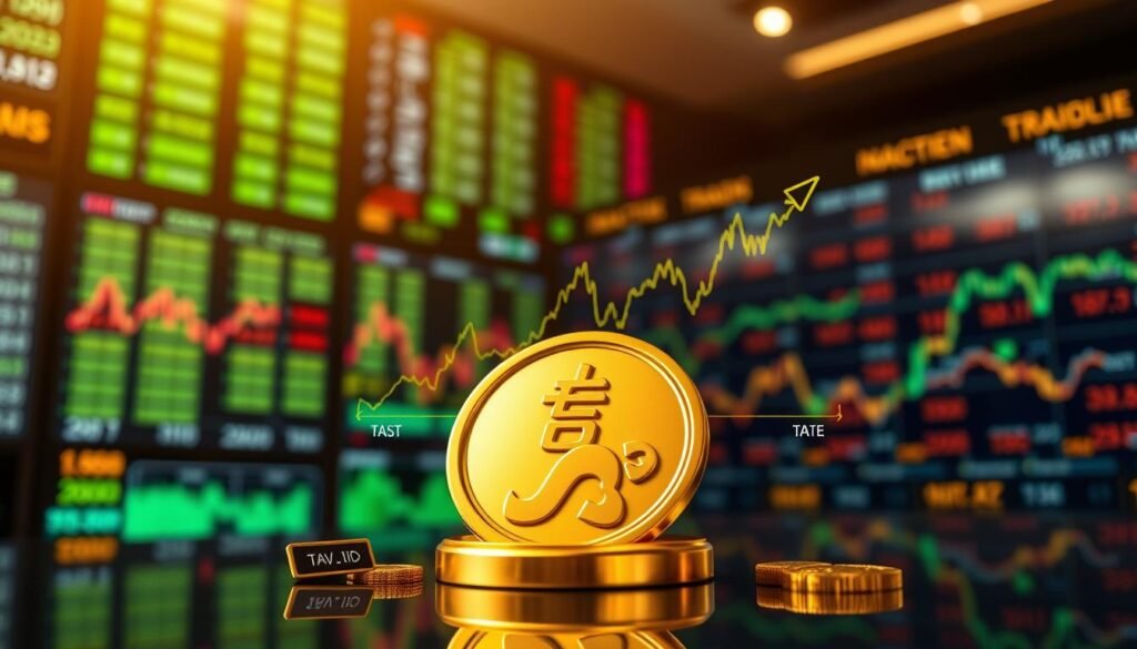 An elegant and informative visualization showcasing the fluctuations of gold prices per tael (一錢). In the foreground, display a polished, golden tael symbolizing the currency, with small price tags around it indicating its changing values. In the middle, create a dynamic line graph illustrating the price volatility over time, using vibrant colors (gold, deep blue, and green) to signify different market reactions. The background could feature a blurred financial trading floor with screens showing fluctuating gold prices, creating an atmosphere of urgency and significance. Use warm, natural lighting to enhance the richness of the gold and invoke a sense of importance and value in this market. The angle should be slightly elevated to present a comprehensive view of both the graph and the tael prominently.