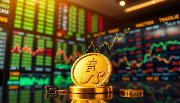 An elegant and informative visualization showcasing the fluctuations of gold prices per tael (一錢). In the foreground, display a polished, golden tael symbolizing the currency, with small price tags around it indicating its changing values. In the middle, create a dynamic line graph illustrating the price volatility over time, using vibrant colors (gold, deep blue, and green) to signify different market reactions. The background could feature a blurred financial trading floor with screens showing fluctuating gold prices, creating an atmosphere of urgency and significance. Use warm, natural lighting to enhance the richness of the gold and invoke a sense of importance and value in this market. The angle should be slightly elevated to present a comprehensive view of both the graph and the tael prominently.