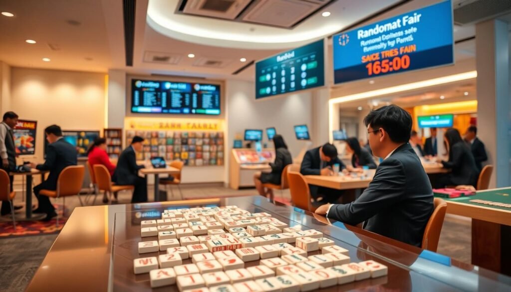 An open, modern gaming environment designed for fairness, showcasing a vibrant mahjong and board game setting. In the foreground, a polished mahjong table with neatly arranged tiles and players in professional attire, engaged in thoughtful gameplay, depicting a spirit of inclusivity and fairness. The middle ground features an array of colorful board games, contrasting with the sleek design of the environment. Background elements include a digital display reflecting random seat assignments and game statistics, emphasizing transparency. Soft, ambient lighting casts a warm glow, highlighting the excitement and camaraderie of players. The angle captures a wide view, instilling a sense of openness and trust within the gaming community. The mood is engaging and lively, embodying the essence of a fair and enjoyable gaming experience.
