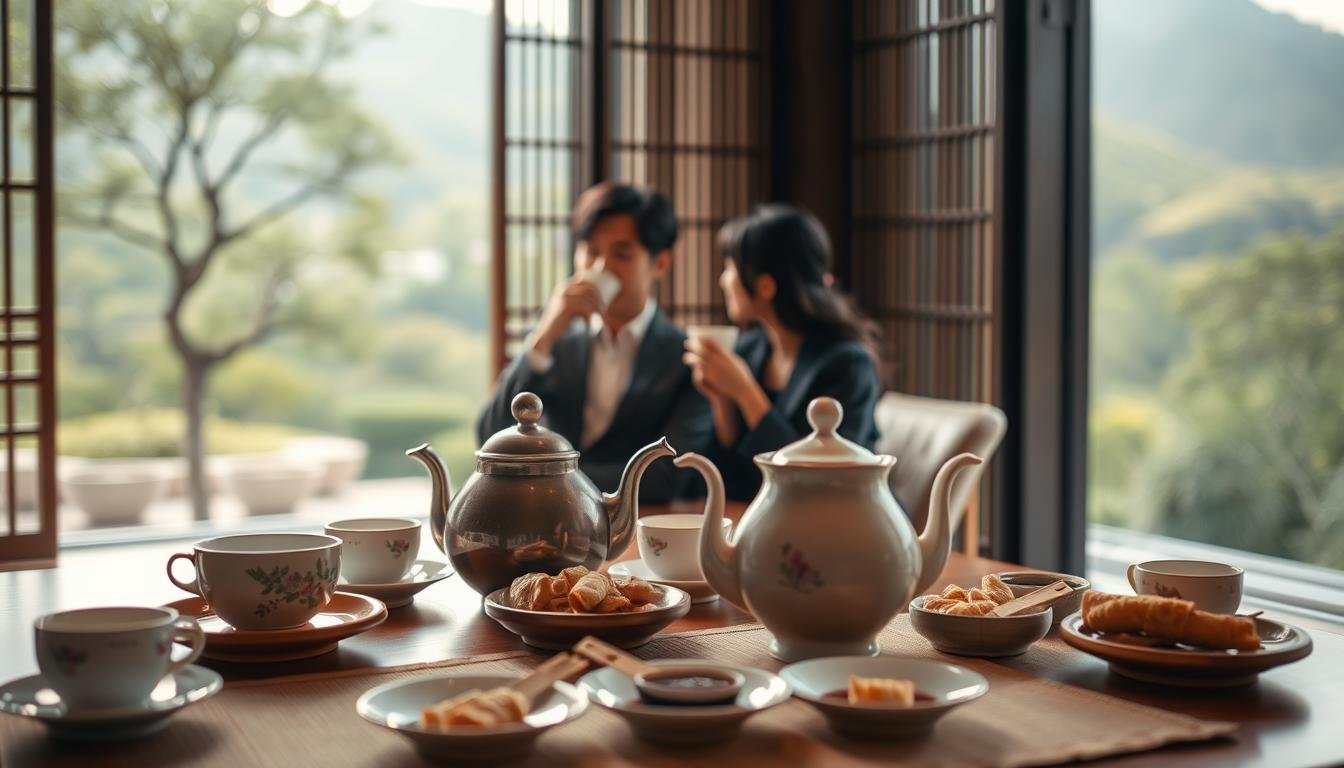 A cozy tea setting in Taichung, highlighting the charm of "定點茶" with an emphasis on tranquility and balance between work and relaxation. In the foreground, a beautifully arranged tea table featuring delicate teacups, a teapot, and an assortment of traditional Taiwanese snacks, surrounded by soft lighting that creates a warm, inviting atmosphere. In the middle ground, a couple in professional attire enjoys a quiet moment, sharing a serene conversation while sipping tea, embodying the perfect blend of work and leisure. The background features a soft-focus of Taichung's green parks and gentle hills, enhancing the sense of tranquility. The mood is intimate and cinematic, evoking a sense of calm and connection, captured in a 4:3 aspect ratio.