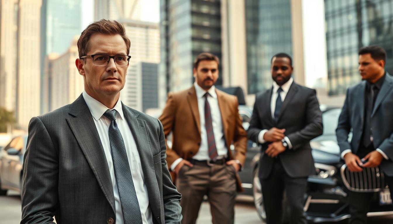 A professional setting showcasing various types of bodyguards in action. In the foreground, a well-dressed bodyguard in a suit stands confidently with a serious expression, scanning the environment. In the middle, two other bodyguards engage in conversation, emphasizing teamwork and service options, each wearing different styles of professional attire to represent versatility. The background features a luxurious urban setting, with tall buildings and sophisticated vehicles, symbolizing safety and protection for high-profile clients. Soft, natural lighting creates a serious yet approachable atmosphere, while a wide-angle lens captures the scene's depth. The overall mood conveys professionalism and trust, suitable for an article discussing bodyguard pricing and selection.