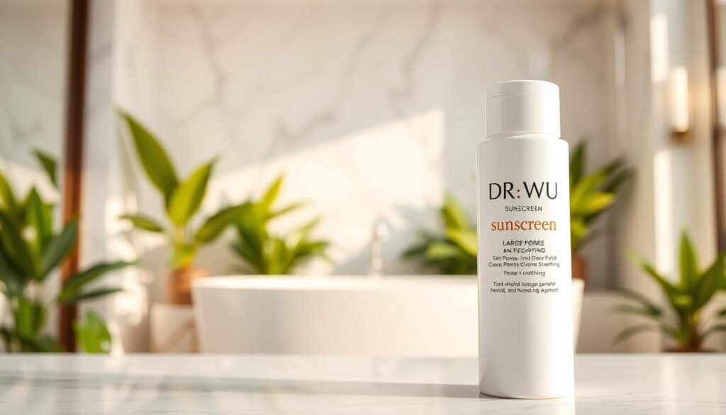A sleek and elegant bottle of DR.WU sunscreen sits prominently in the foreground, showcasing its smooth, minimalist design with a soft-focus effect. The label is stylishly displayed, emphasizing its effectiveness for large pores and skin texture smoothing. In the middle ground, there is a softly blurred background of a well-lit modern bathroom with white marble accents and lush greenery, creating a fresh and inviting atmosphere. The lighting is warm and natural, highlighting the sunscreen bottle and creating subtle shadows that add depth. The mood is calm and rejuvenating, inviting viewers to feel confident in their skincare choice.