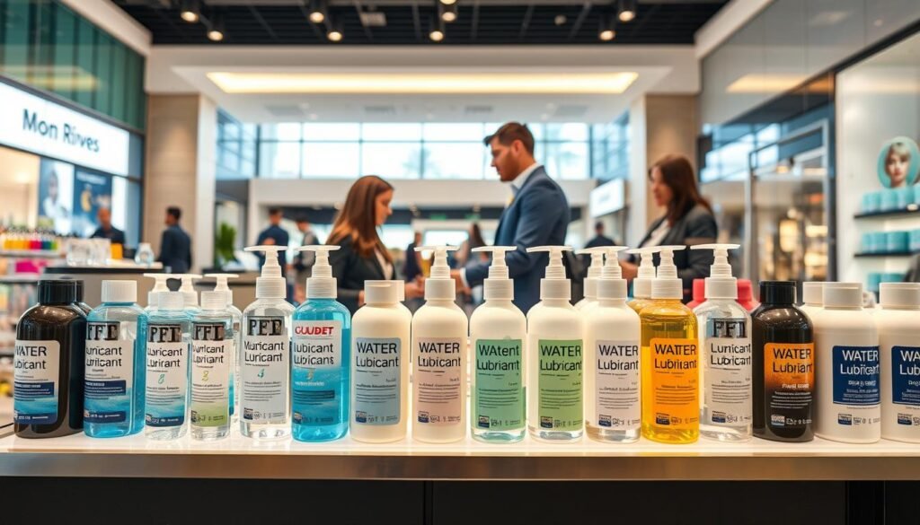An elegant display of water-based lubricants showcased in a modern retail environment at Moon River Mall. The foreground features a sleek, well-organized shelf stocked with various lubricant products in eye-catching packaging. The middle ground includes shoppers, depicted in professional business attire, actively engaging with the products. The background showcases an inviting mall ambiance with large windows allowing natural light to flood the space, accentuating the colors and textures of the lubricant bottles. The scene is bright and cheerful, conveying a sense of exploration and informed decision-making. Capture the ambiance with a wide-angle shot that highlights both the products and the shopper interactions, ensuring the overall mood is welcoming and informative.