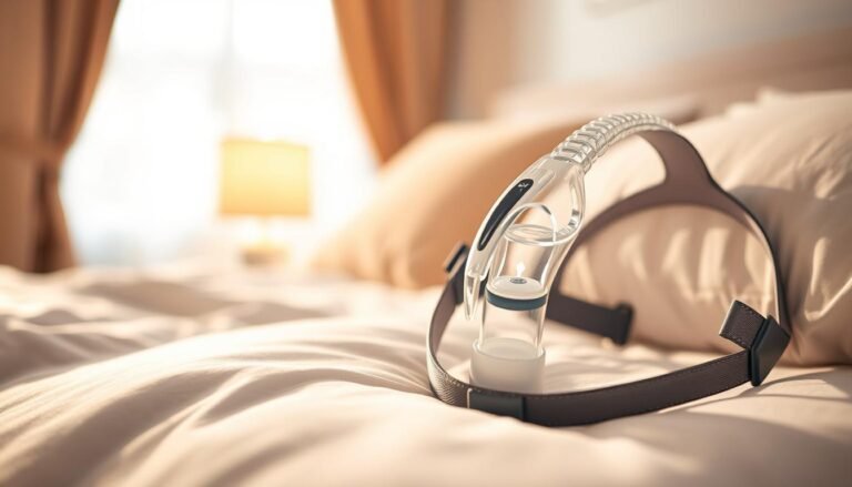 A close-up view of a chin strap for a CPAP machine, prominently displayed against a soft, blurred background that suggests a cozy bedroom environment. The strap should be detailed, showcasing its adjustable features and comfortable fabric, with a subtle sheen to convey quality. In the foreground, the strap is laid out on a neatly arranged pillow, hinting at its purpose for sleep apnea therapy. The lighting is warm and inviting, filtering through a window to create a serene atmosphere. The image captures the essence of a restful night's sleep, emphasizing the importance and functionality of the chin strap in aiding proper breathing during sleep.