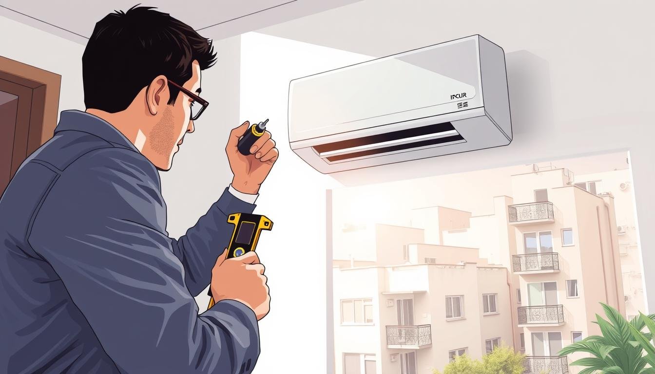 A detailed illustration of a split-type air conditioning unit installation scene. In the foreground, showcase a technician in professional work attire carefully installing the indoor unit on a wall, using tools like a level and screwdriver. The middle section features the split AC unit mounted securely, with visible components such as pipes and wiring going through a decorative wall cover. In the background, depict an apartment setting with nearby units, demonstrating proximity to neighboring structures. The lighting should be bright and natural, streaming through a window, casting soft shadows. The overall mood should convey professionalism and technical accuracy, emphasizing the considerations of installation costs, including potential additional charges, framed by an atmosphere of clarity and efficiency.