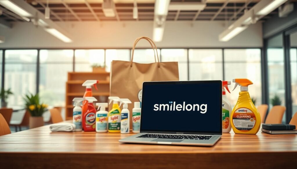 A professional and inviting workspace focused on "smilelong" as a prominent player in US procurement. In the foreground, display a neatly arranged wooden desk with an open laptop showing a user-friendly e-commerce interface. In the middle ground, include a stylishly designed shopping bag labeled with the smilelong logo, surrounded by popular American home cleaning products like sprays, wipes, and eco-friendly cleaners, all arranged aesthetically. The background features a bright, modern office with large windows letting in soft, natural light, giving a warm and productive atmosphere. The overall mood should be optimistic and professional, emphasizing a reliable and approachable image of smilelong in the US procurement market.