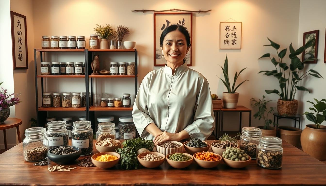 A serene and inviting herbal medicine clinic interior emphasizing the principles of Traditional Chinese Medicine (TCM) for managing uterine fibroids. In the foreground, a confident female practitioner, dressed in a traditional Chinese-style tunic, is demonstrating a variety of herbal remedies on a wooden table accompanied by calming herbal ingredients. In the middle ground, shelves filled with labeled jars of herbs and dried flowers showcase TCM practices. The background features tranquil wall decor, such as Asian art and calming plants, creating a nurturing environment. Soft, warm lighting enhances the atmosphere, casting gentle shadows, while the angle captures the practitioner engaging positively with the viewer. The mood is peaceful, encouraging holistic healing and balanced wellness.