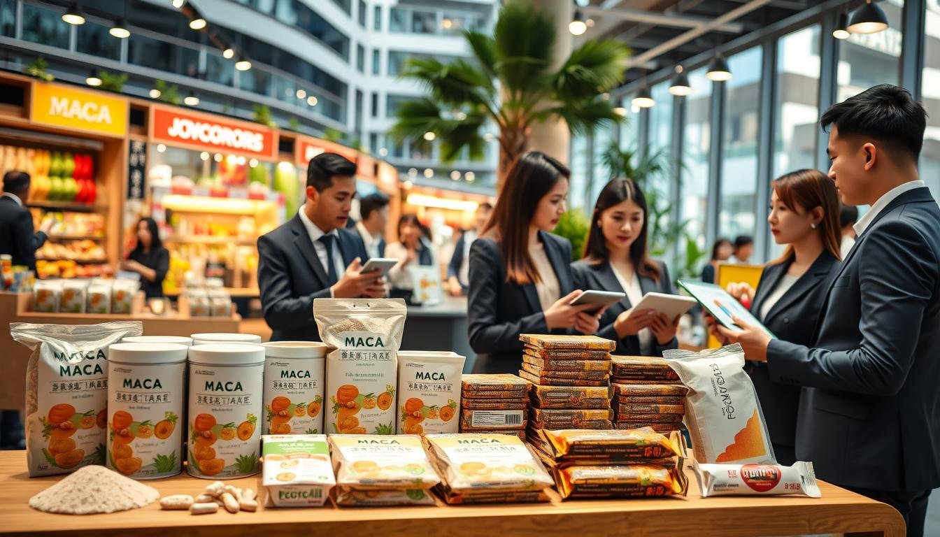 A modern commercial setting showcasing the development of the Maca market in Hong Kong. In the foreground, a neatly organized display of packaged Maca products in various forms—powder, capsules, and energy bars—emphasizing their health benefits. The mid-ground features a diverse group of professionals in business attire engaged in a discussion, with some analyzing charts and growth trends on digital tablets. The background reveals a bustling marketplace with vendors selling health and wellness products, framed by modern architecture and greenery, symbolizing the blend of tradition and contemporary living. The scene is illuminated with warm, natural light, creating an inviting atmosphere, and captured with a slight depth of field to focus on the products and the professionalism of the individuals involved.