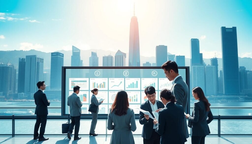 A professional and detailed illustration showcasing the optimized application process of Hong Kong's Quality Migrant Admission Scheme. In the foreground, a diverse group of professionals in business attire is discussing and reviewing documents, symbolizing collaboration and determination. The middle layer features a sleek, modern workspace with digital screens displaying flowcharts and graphs related to the application process, emphasizing data analysis and optimization strategies. The background captures the iconic skyline of Hong Kong, with its towering skyscrapers under a bright blue sky, reflecting a sense of progress and opportunity. Soft, natural lighting illuminates the scene, creating an optimistic and focused atmosphere. The angle of the composition should be slightly elevated, highlighting both the human element and the dynamic cityscape.