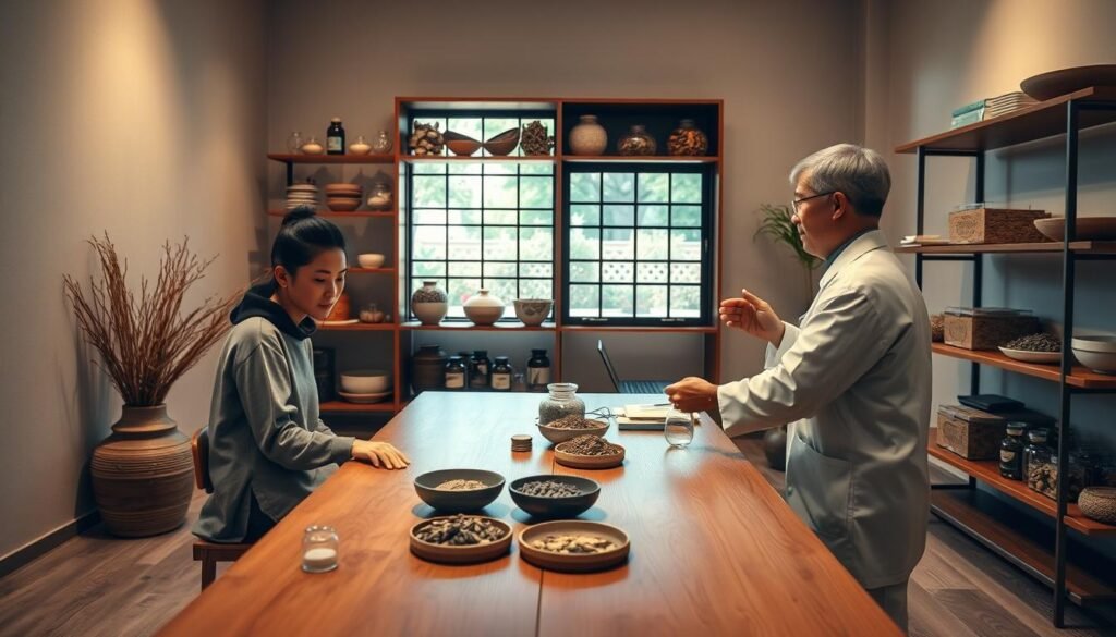 A serene and calming scene depicting a traditional Chinese medicine setting focused on eczema care. In the foreground, a person wearing modest casual clothing sits at a wooden table, consulting with a professional in a simple, elegant clinic room. The professional, dressed in a white coat, gestures toward herbal ingredients and remedies laid out on the table. In the middle ground, shelves filled with natural remedies, like dried herbs and grains, create a warm, inviting atmosphere. The background shows a soft-lit window revealing a calm garden outside, enhancing the peaceful mood. The lighting is soft and warm, emphasizing the nurturing nature of holistic care, with gentle shadows that convey a sense of tranquility and health. A serene and calming scene depicting a traditional Chinese medicine setting focused on eczema care. In the foreground, a person wearing modest casual clothing sits at a wooden table, consulting with a professional in a simple, elegant clinic room. The professional, dressed in a white coat, gestures toward herbal ingredients and remedies laid out on the table. In the middle ground, shelves filled with natural remedies, like dried herbs and grains, create a warm, inviting atmosphere. The background shows a soft-lit window revealing a calm garden outside, enhancing the peaceful mood. The lighting is soft and warm, emphasizing the nurturing nature of holistic care, with gentle shadows that convey a sense of tranquility and health.