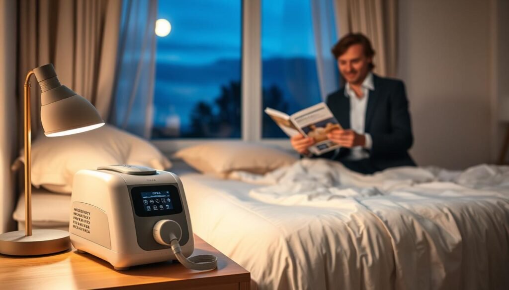 A serene and well-lit bedroom scene showcasing a selection of sleep apnea machines on a bedside table. In the foreground, a modern CPAP machine with a sleek design and an easy-to-read display is illuminated softly by a bedside lamp. In the middle, a cozy bed with an inviting comforter and neatly arranged pillows adds to the ambiance, while a friendly, professional-looking person in smart casual attire evaluates a brochure about sleep apnea treatments. In the background, a calming window view reveals a tranquil night sky with a hint of moonlight filtering through sheer curtains. The overall mood is peaceful and informative, promoting a sense of comfort and reassurance in choosing the right sleep apnea device.