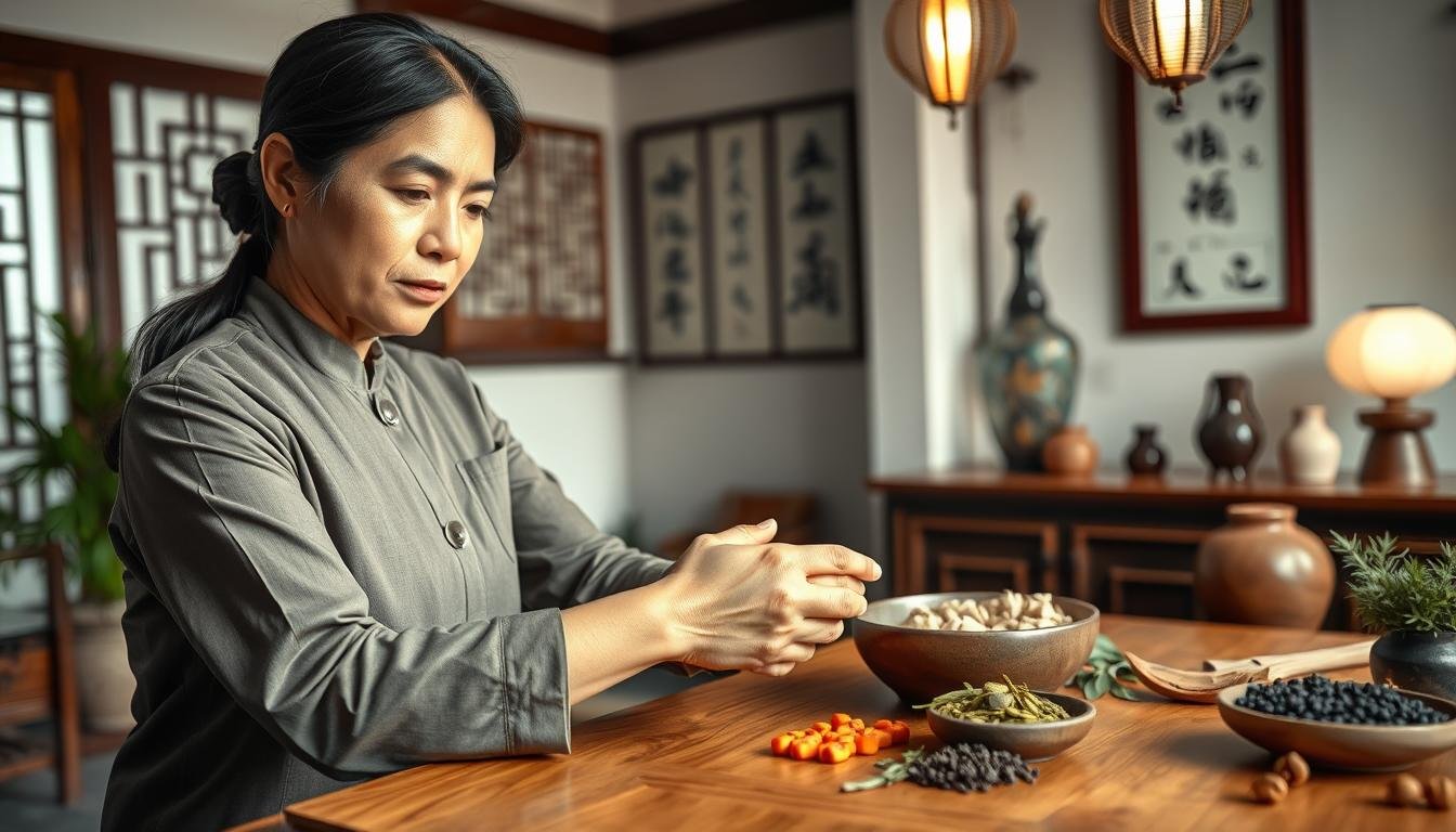 A serene, well-lit traditional Chinese medicine clinic setting, focusing on a skilled practitioner applying herbal ointment to a patient's forearm affected by chronic eczema. The foreground features the practitioner, a middle-aged Asian woman in a professional outfit, gently massaging the disrupted skin texture which appears thickened and rough. In the middle ground, an array of herbal ingredients and medicinal plants can be seen on a wooden table, hinting at alternative therapies. In the background, elegant Chinese décor, soft lighting, and calming colors create a tranquil atmosphere. The overall mood is peaceful and healing, emphasizing the holistic approach of traditional medicine to treating skin conditions like eczema.